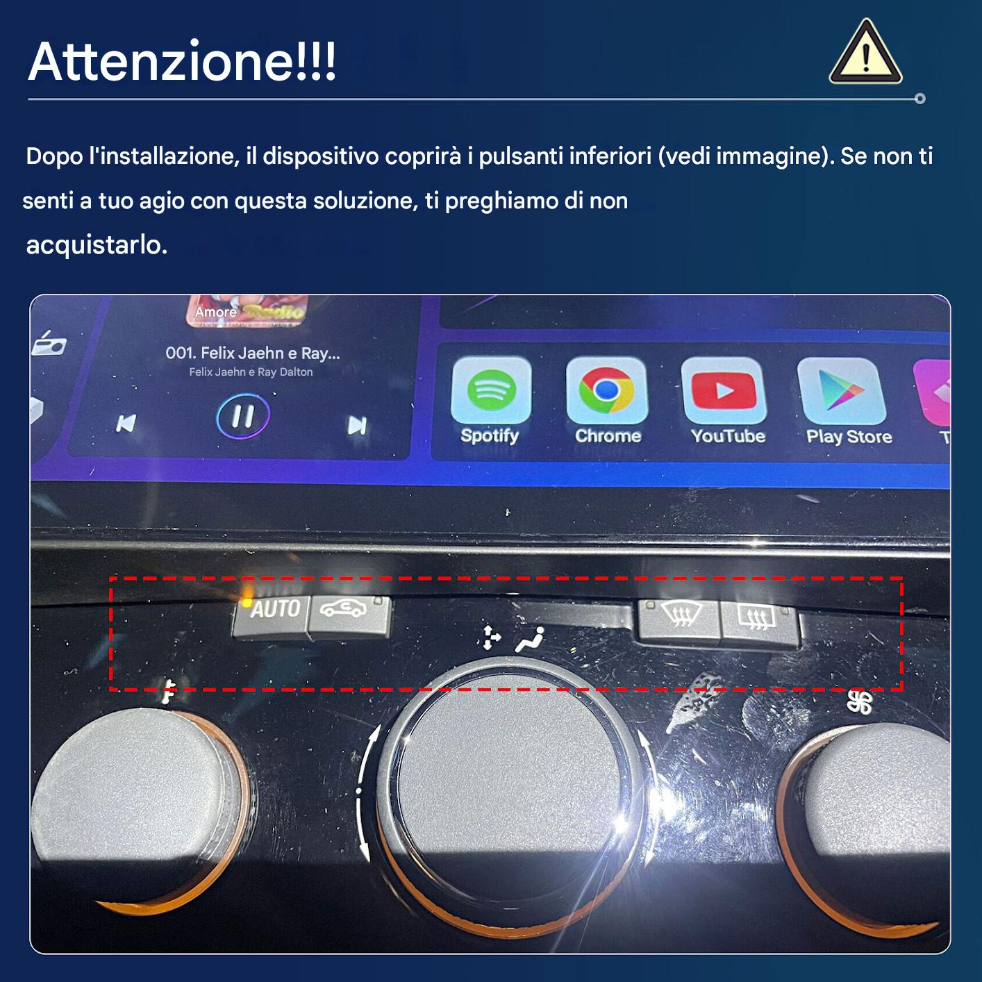 Display auto mostra musica e app. Sotto ci sono pulsanti di controllo.