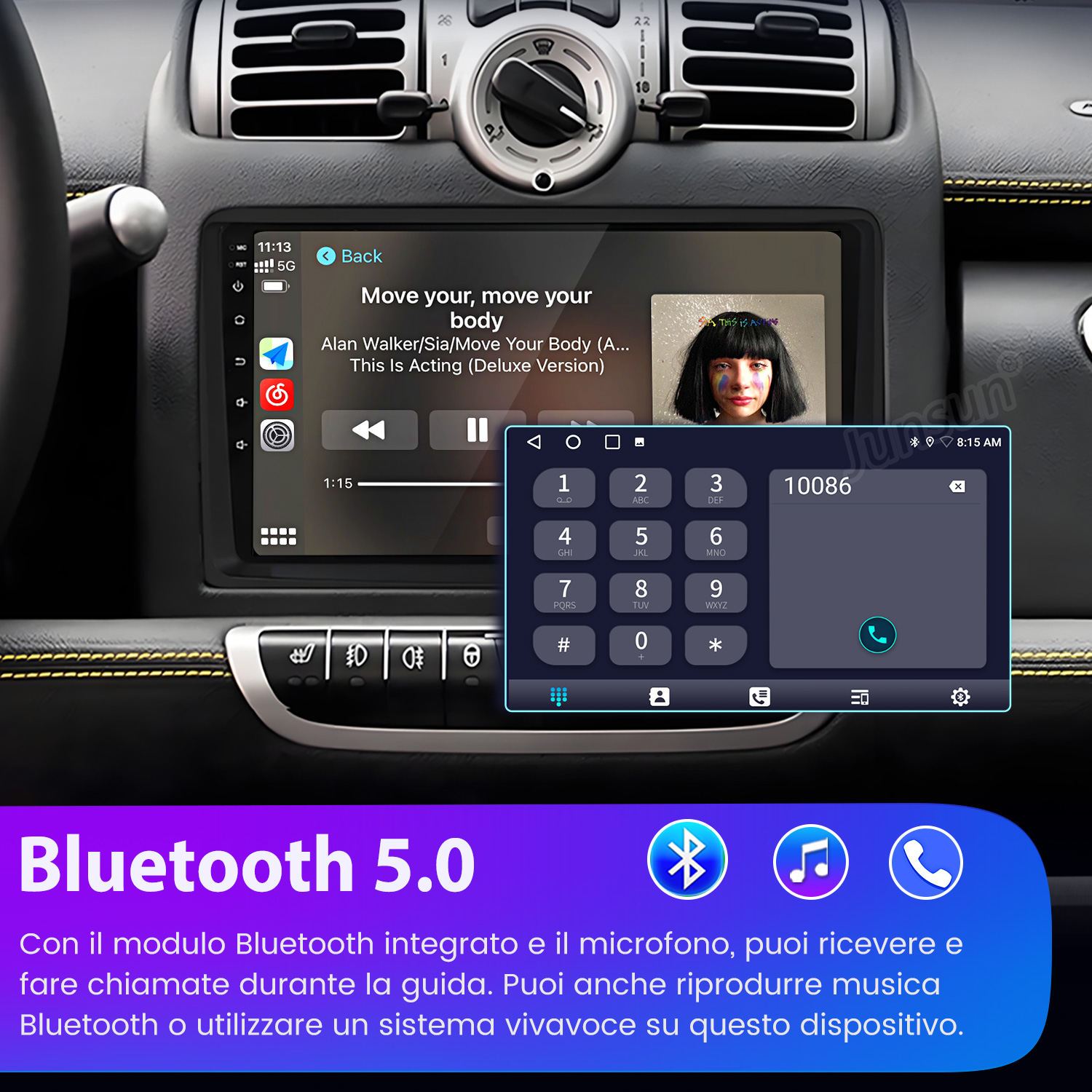 Autoradio touchscreen mostra musica, tastierino numerico e icone Bluetooth.