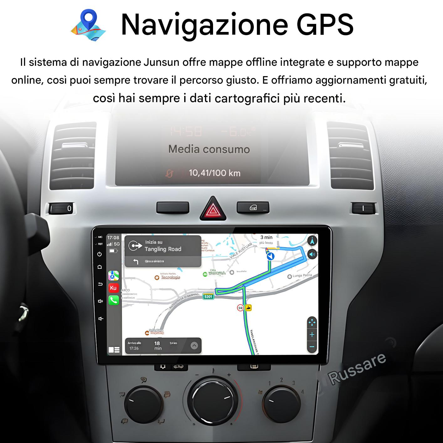 Sistema di navigazione per auto con mappa, indicazioni stradali e dati veicolo.