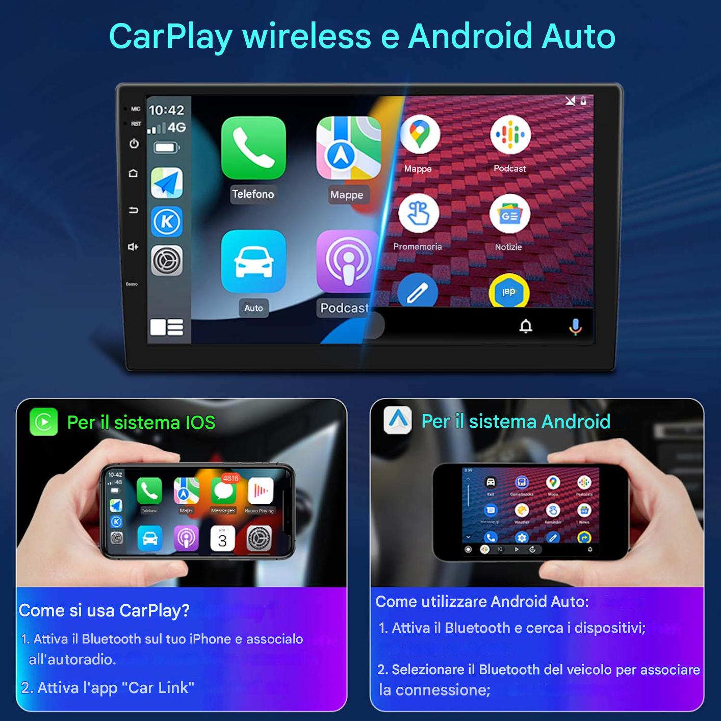 Un display per auto mostra l'interfaccia di CarPlay e Android Auto.
