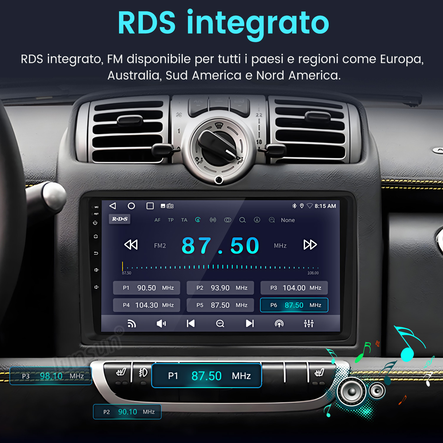 Un sistema di infotainment per auto che mostra una radio RDS sintonizzata su 87,50 MHz.