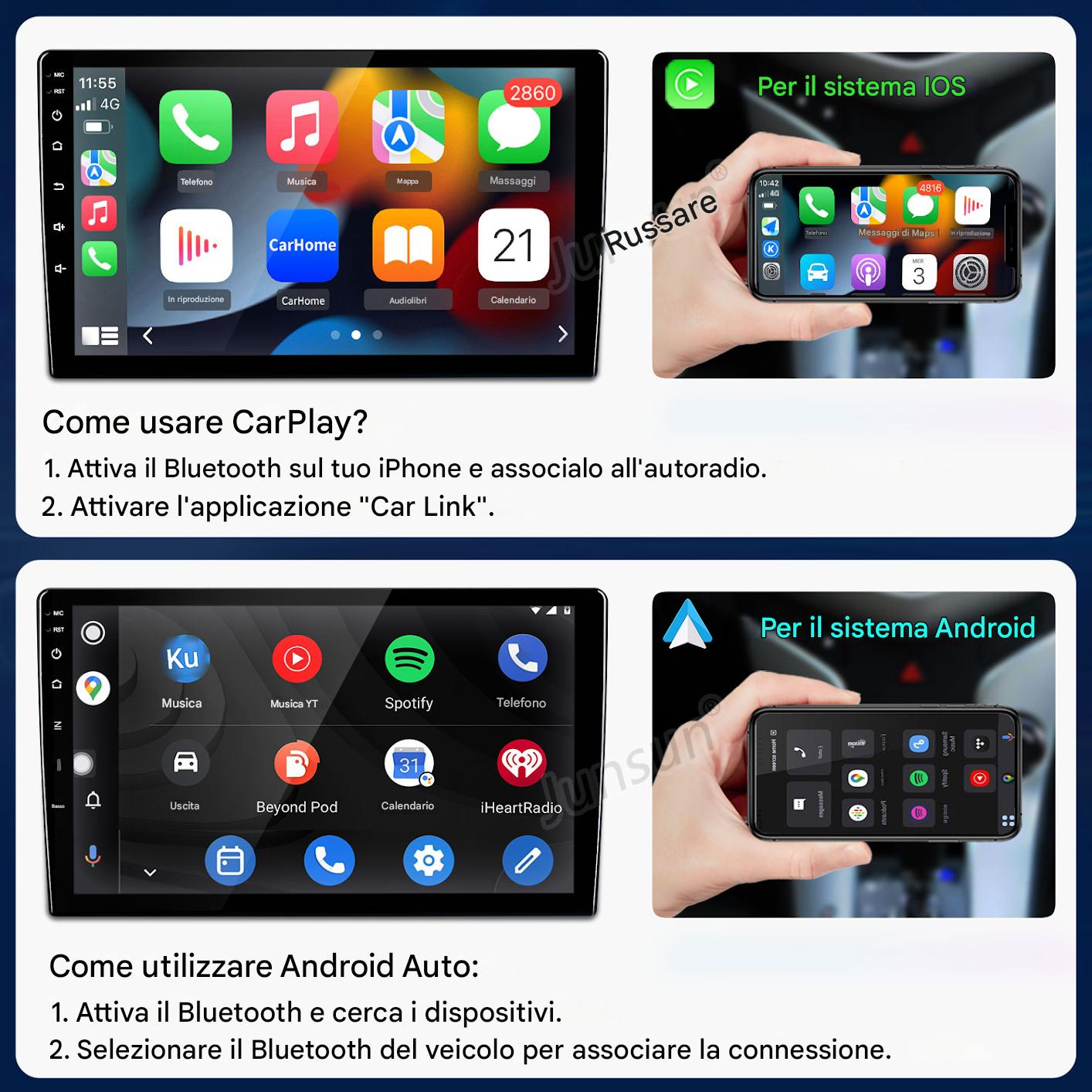 Interfacce CarPlay e Android Auto su schermi auto e telefoni. Istruzioni.