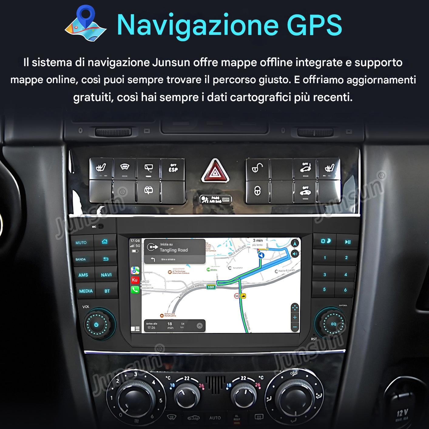 L'immagine mostra il sistema di navigazione di un'auto con una mappa sullo schermo.