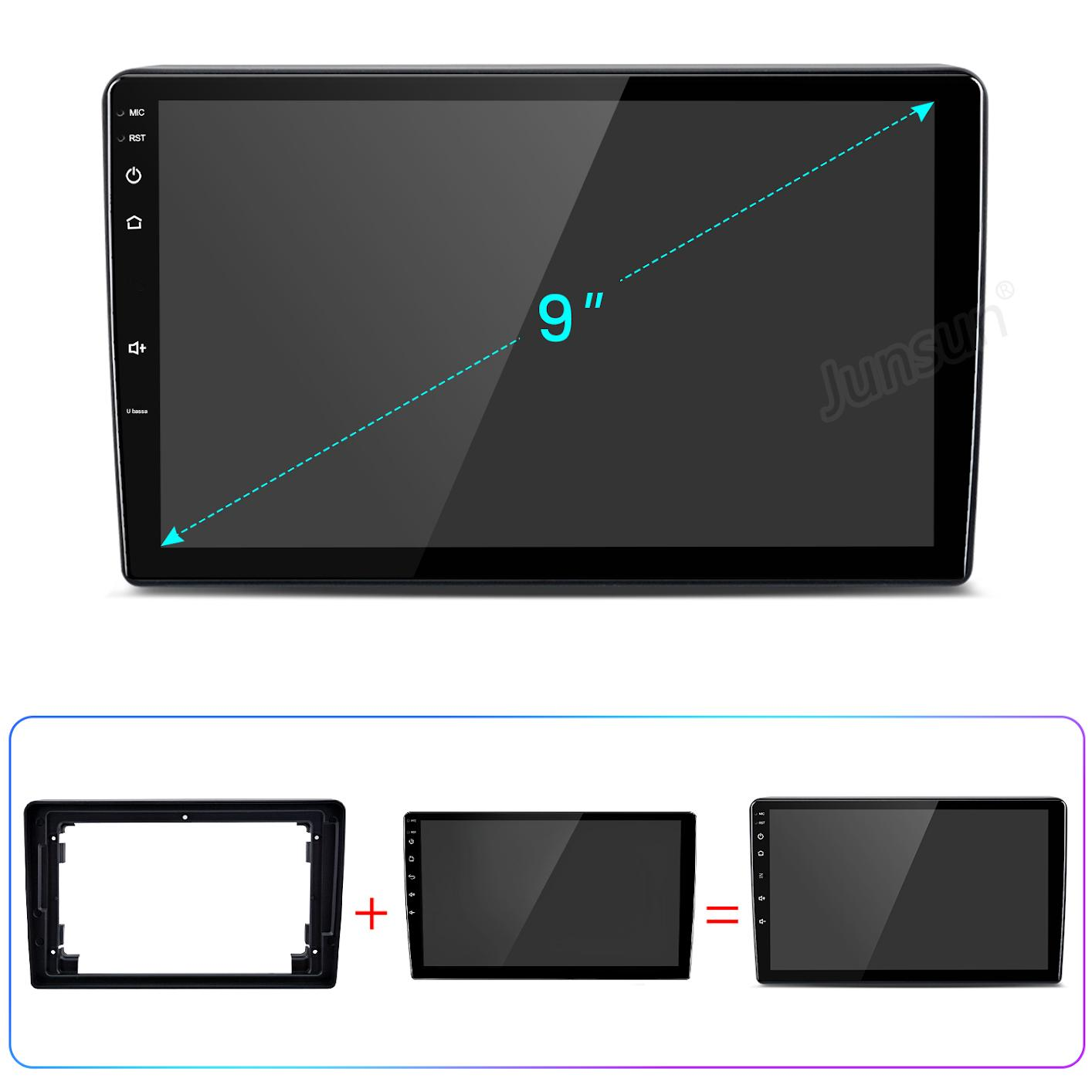 Un display stereo per auto da 9 pollici con pulsanti laterali, mostrato con telaio di installazione e due schermi.