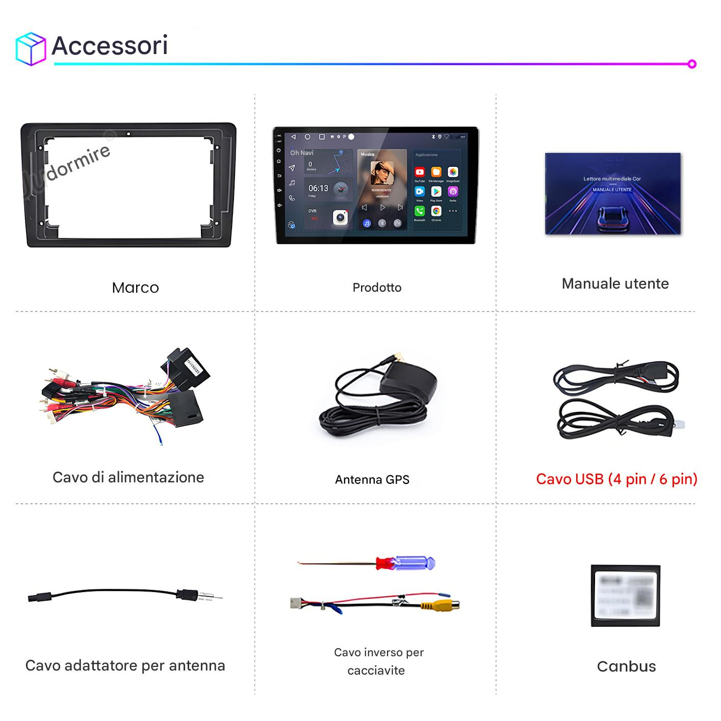 Accessori auto: Cornice cruscotto, antenna GPS, cavo USB, cavo di alimentazione, manuale utente.