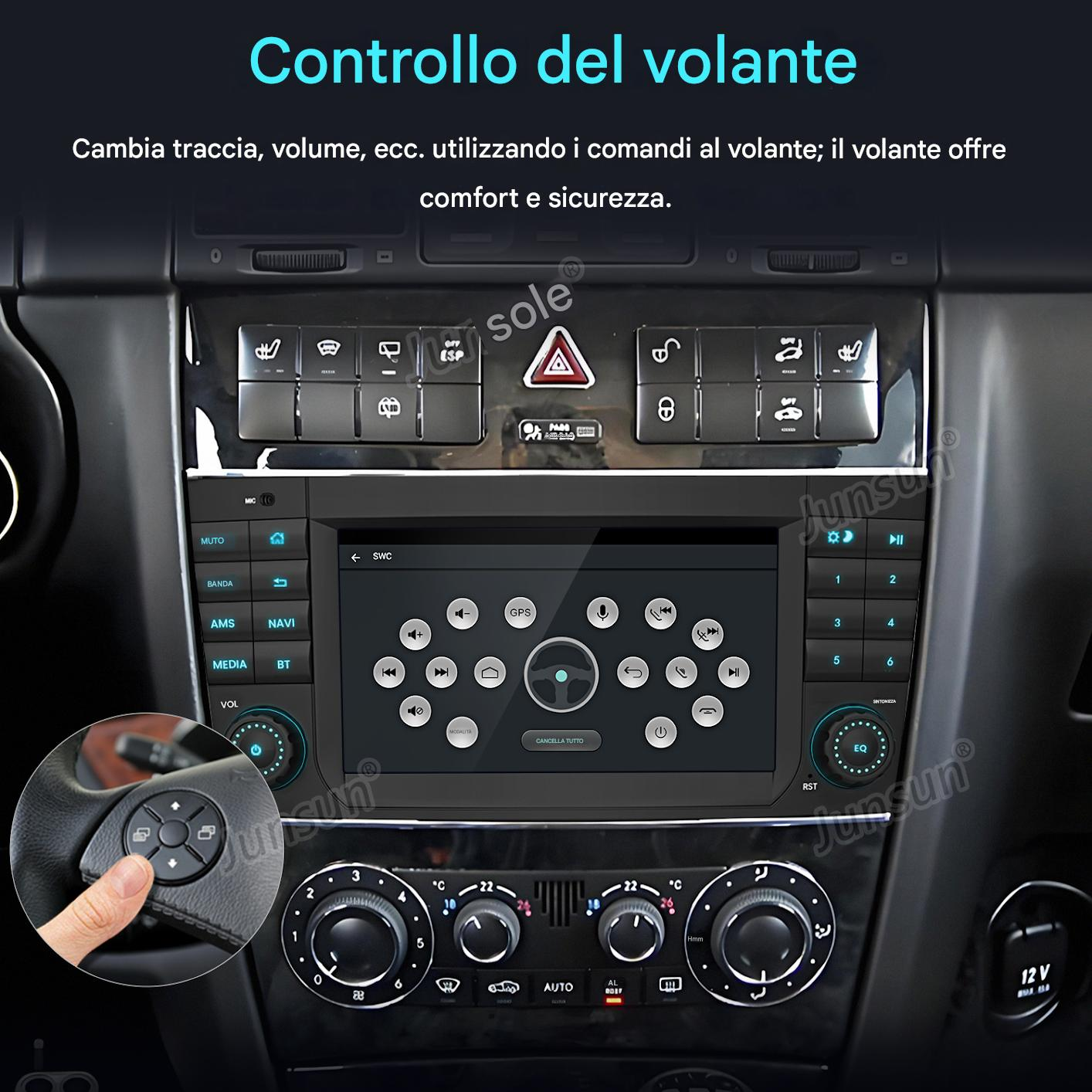 Cruscotto auto con touchscreen, comandi al volante e controlli climatici.