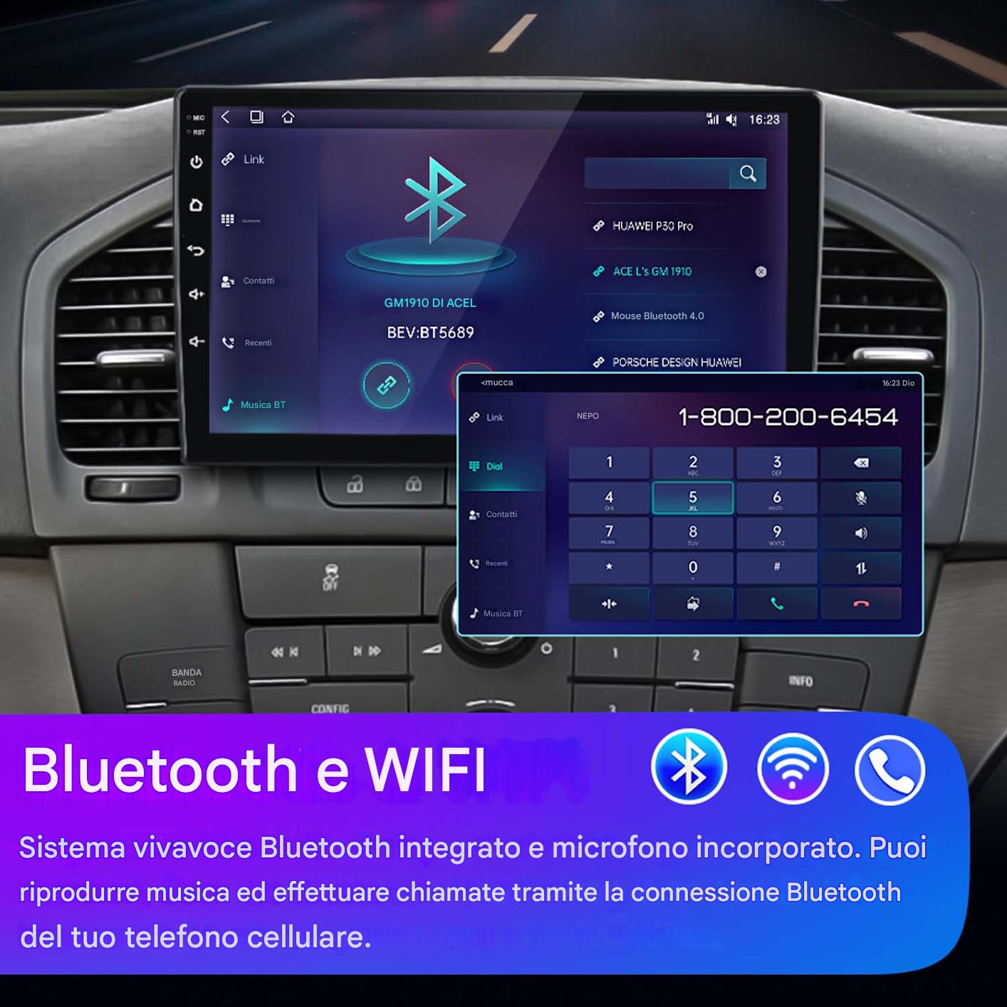 Schermo cruscotto auto con opzioni Bluetooth e tastierino numerico.