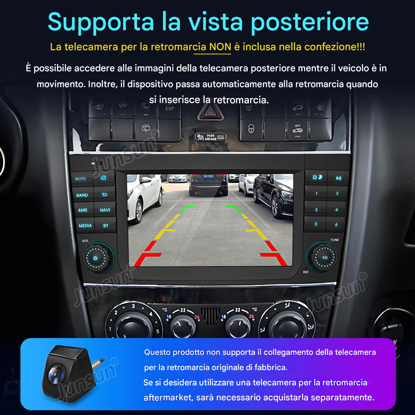Autoradio mostra vista telecamera retromarcia con linee di parcheggio. In basso è mostrata una piccola telecamera.