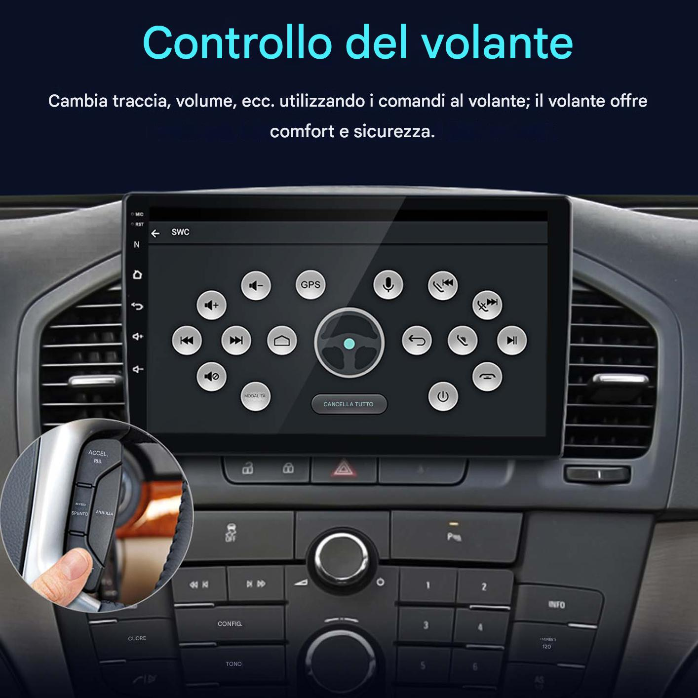 Interno auto con radio touchscreen che mostra i comandi al volante.