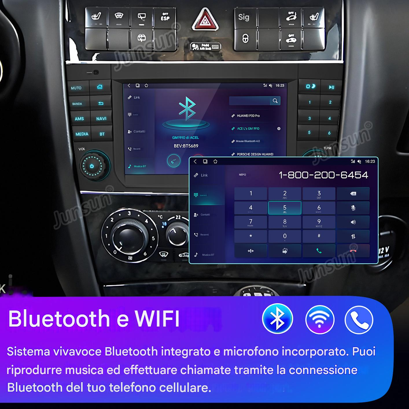 Schermo autoradio con opzioni Bluetooth, tastierino e contatti.