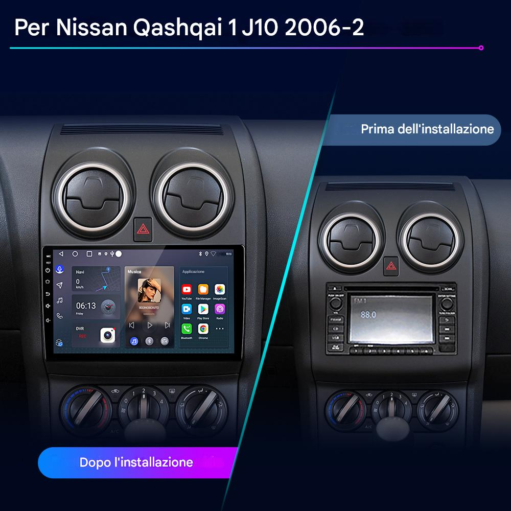 Prima e dopo l'installazione di una nuova autoradio touchscreen nel cruscotto di una Nissan Qashqai.