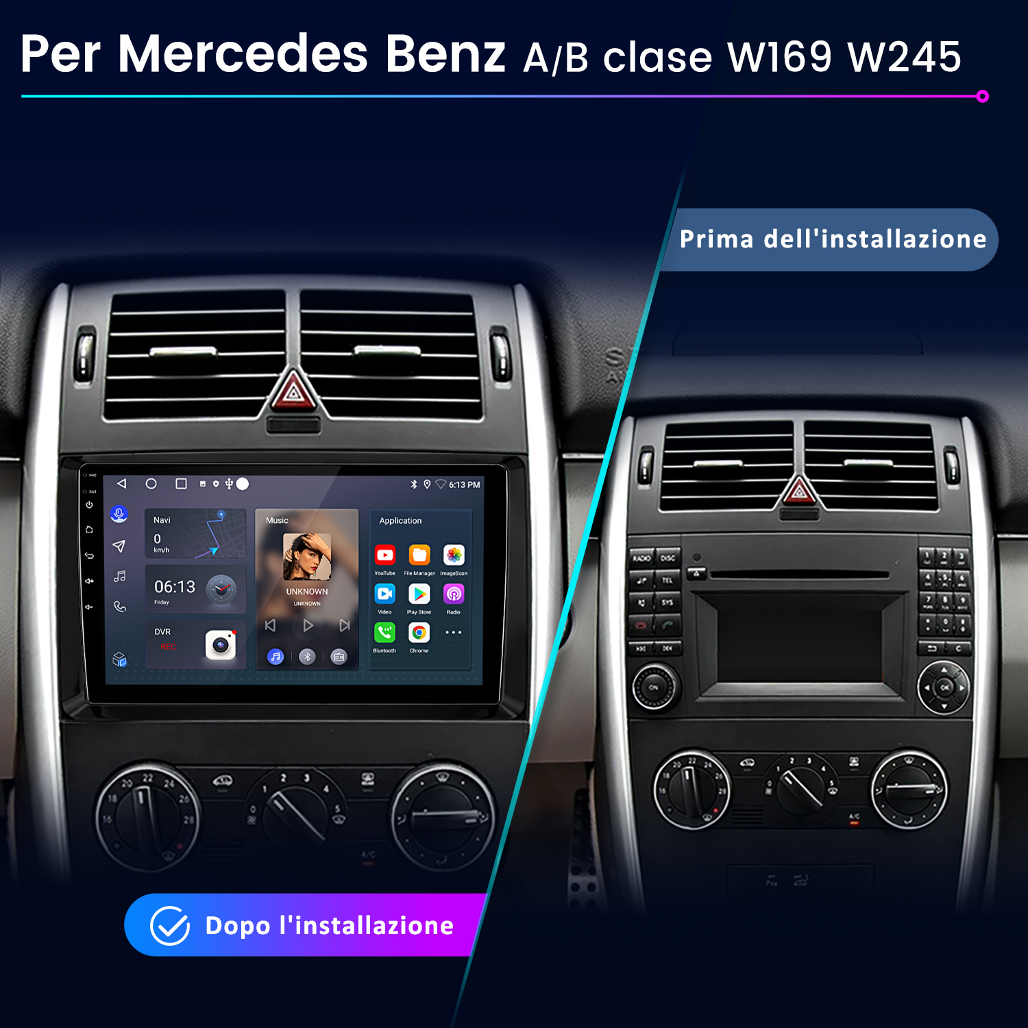Immagine divisa del cruscotto auto Mercedes: a sinistra nuovo schermo, a destra vecchio.