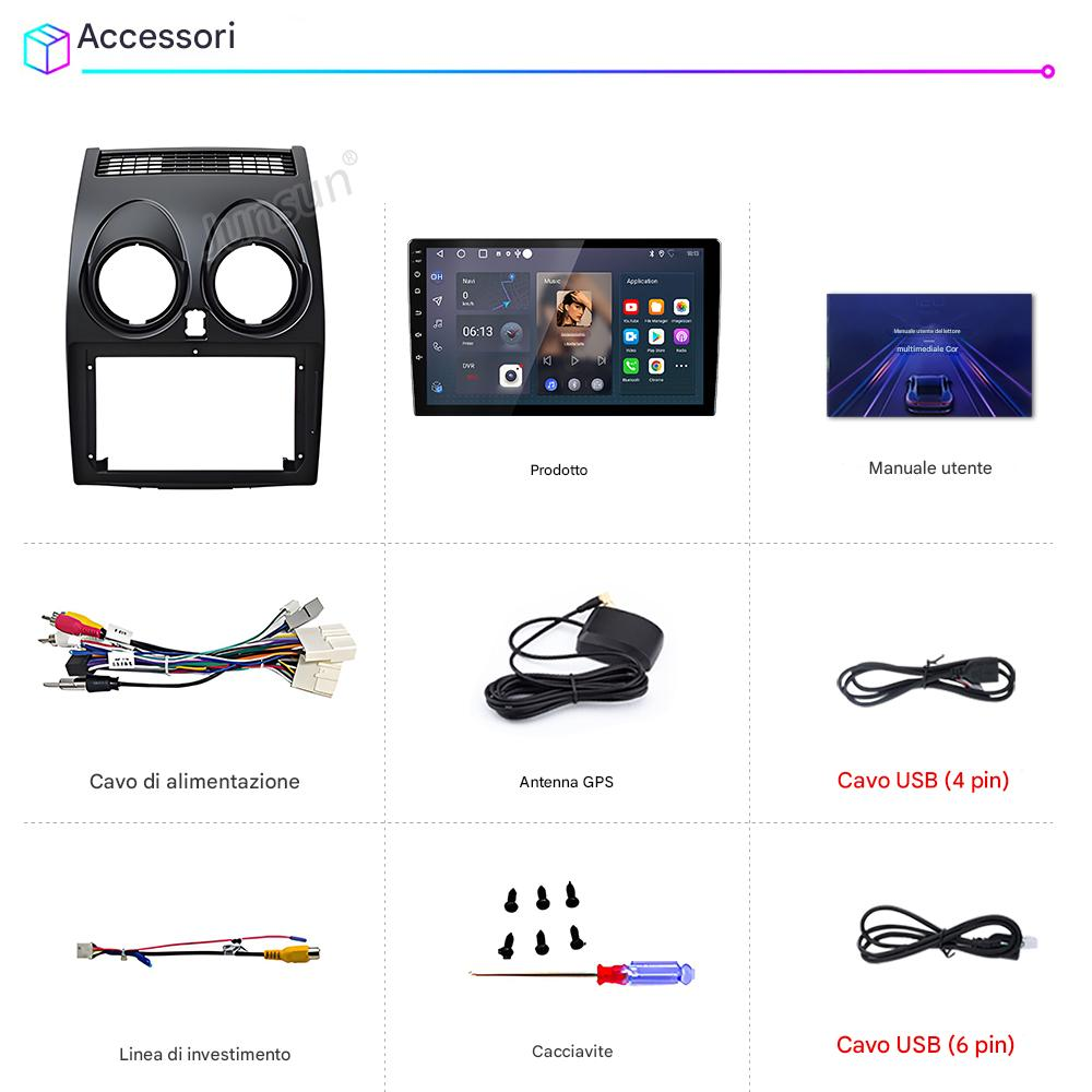 Accessori auto: cornice cruscotto, touchscreen, cavi, antenna GPS, cacciavite.