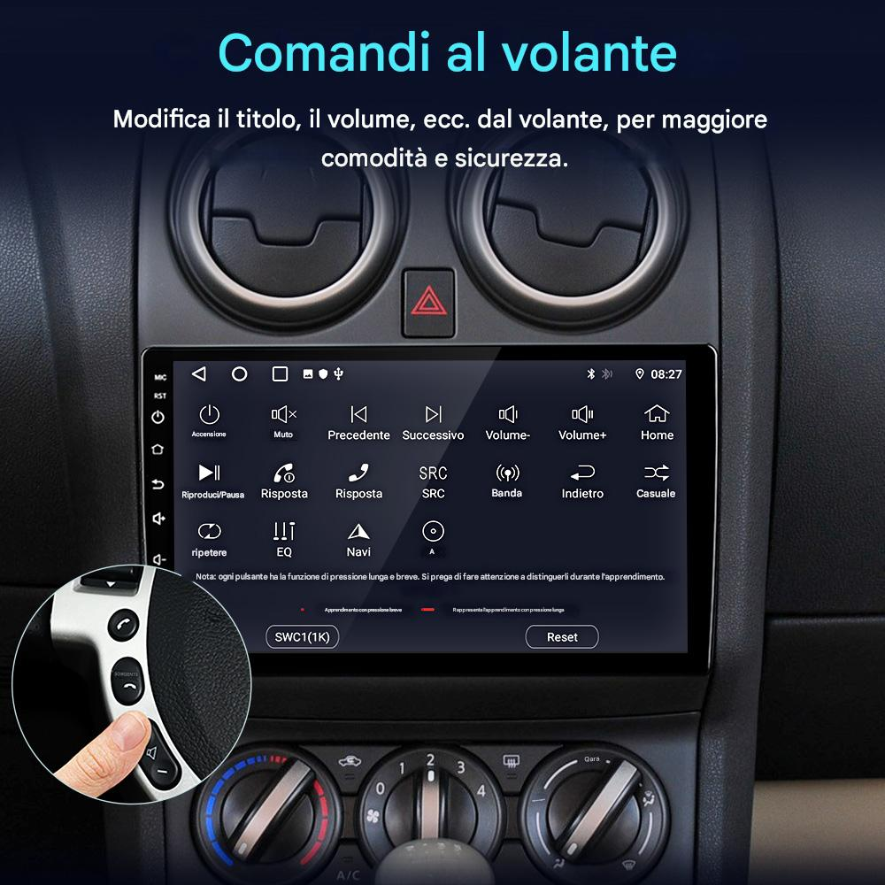 Un sistema di infotainment per auto con comandi al volante e cruscotto.