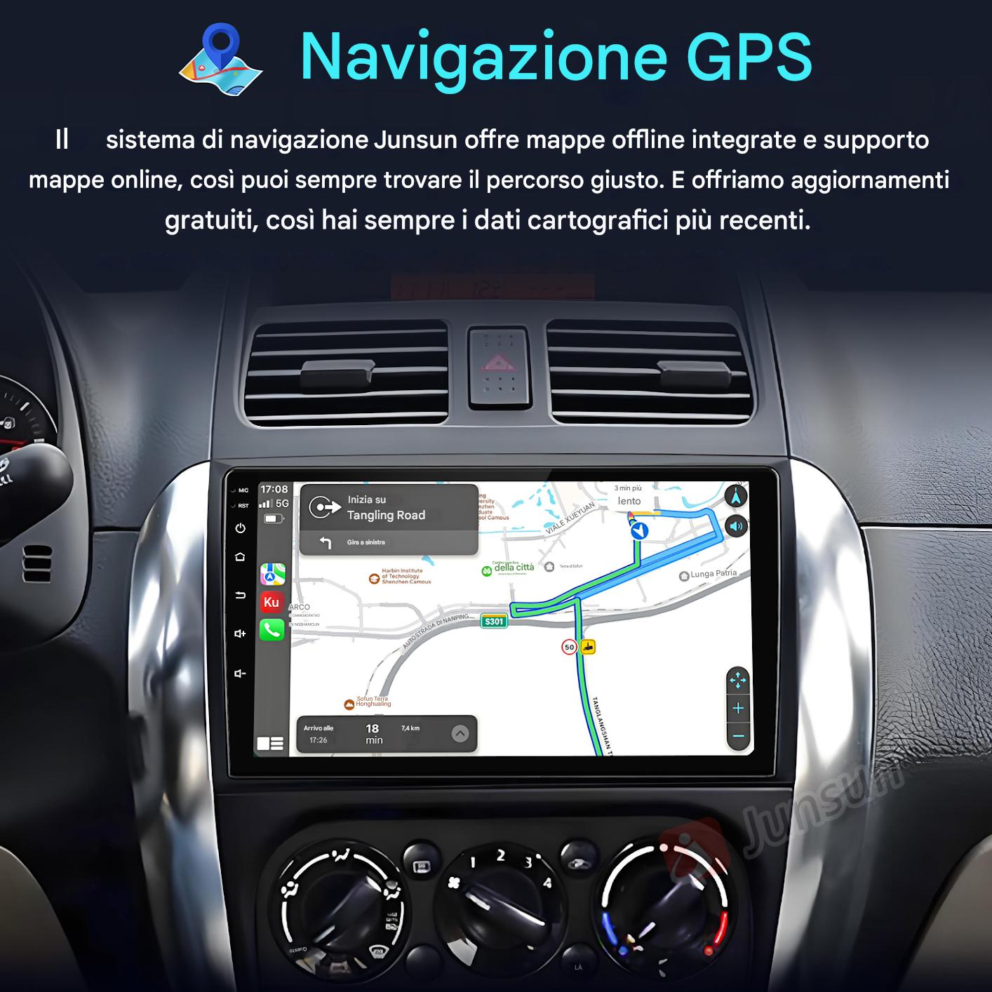 Schermo di navigazione GPS di un'auto mostra un percorso. Testo "Navigazione GPS" in alto.