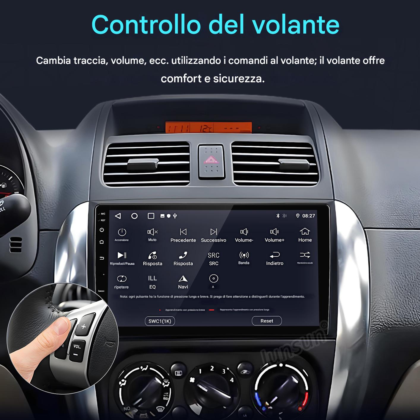 Primo piano del volante di un'auto e del suo sistema di infotainment touchscreen.