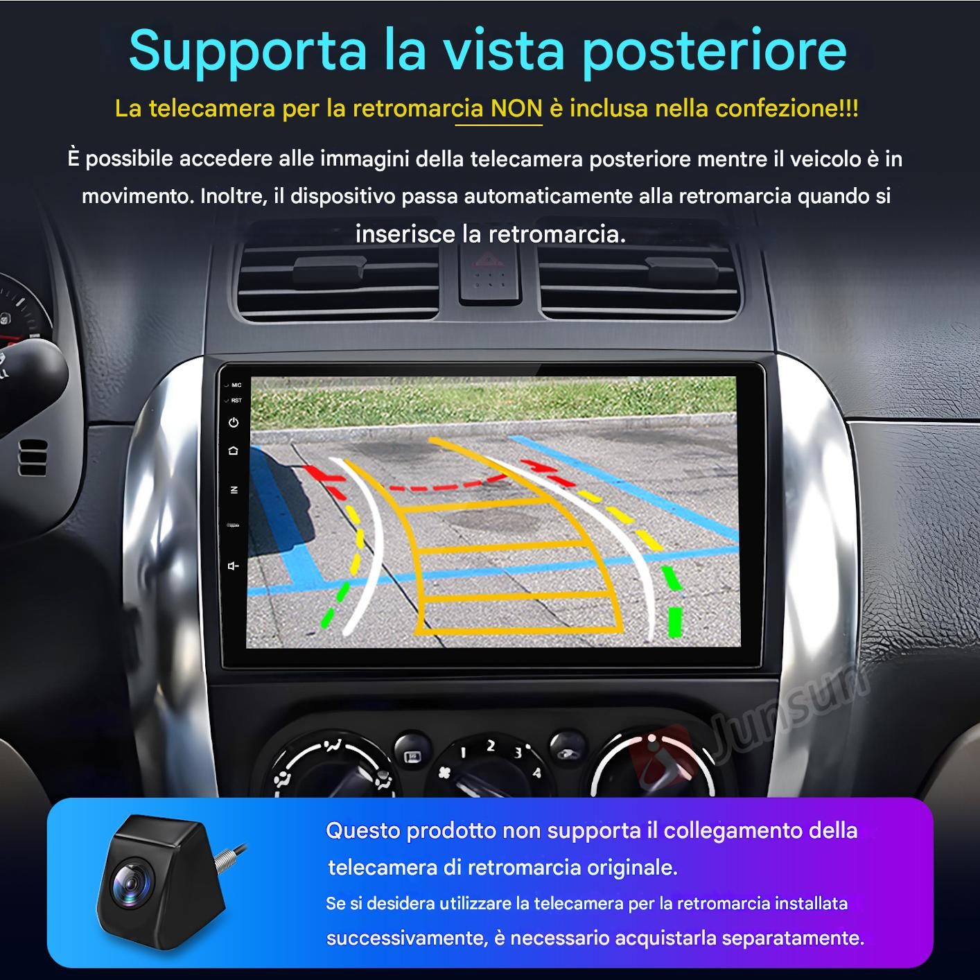 Schermo infotainment auto con vista telecamera retromarcia e una piccola telecamera.