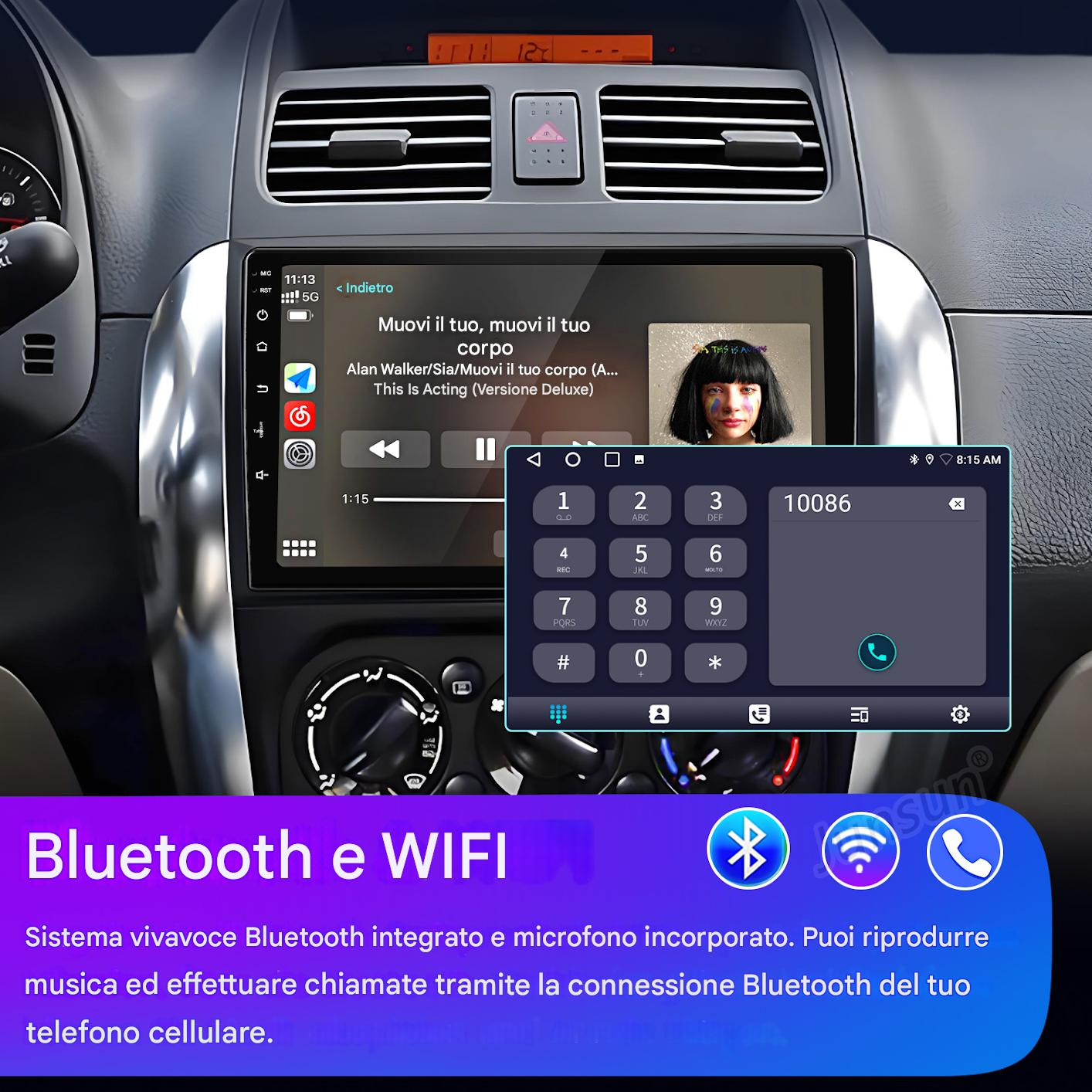 Un sistema di infotainment per auto mostra musica e tastierino. Testo in basso: "Bluetooth e WIFI".