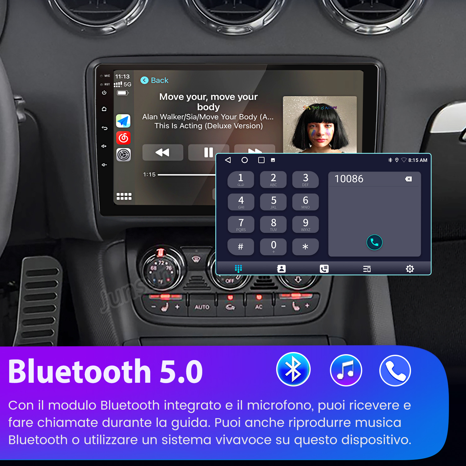 Interno auto con touchscreen che mostra musica e tastiera. Bluetooth 5.0.