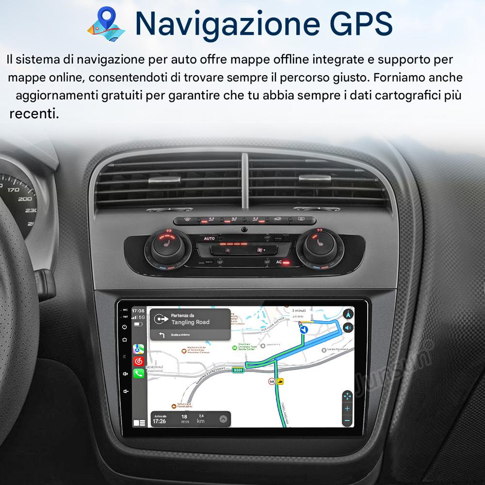 Sistema di navigazione per auto con mappa e guida al percorso sullo schermo.