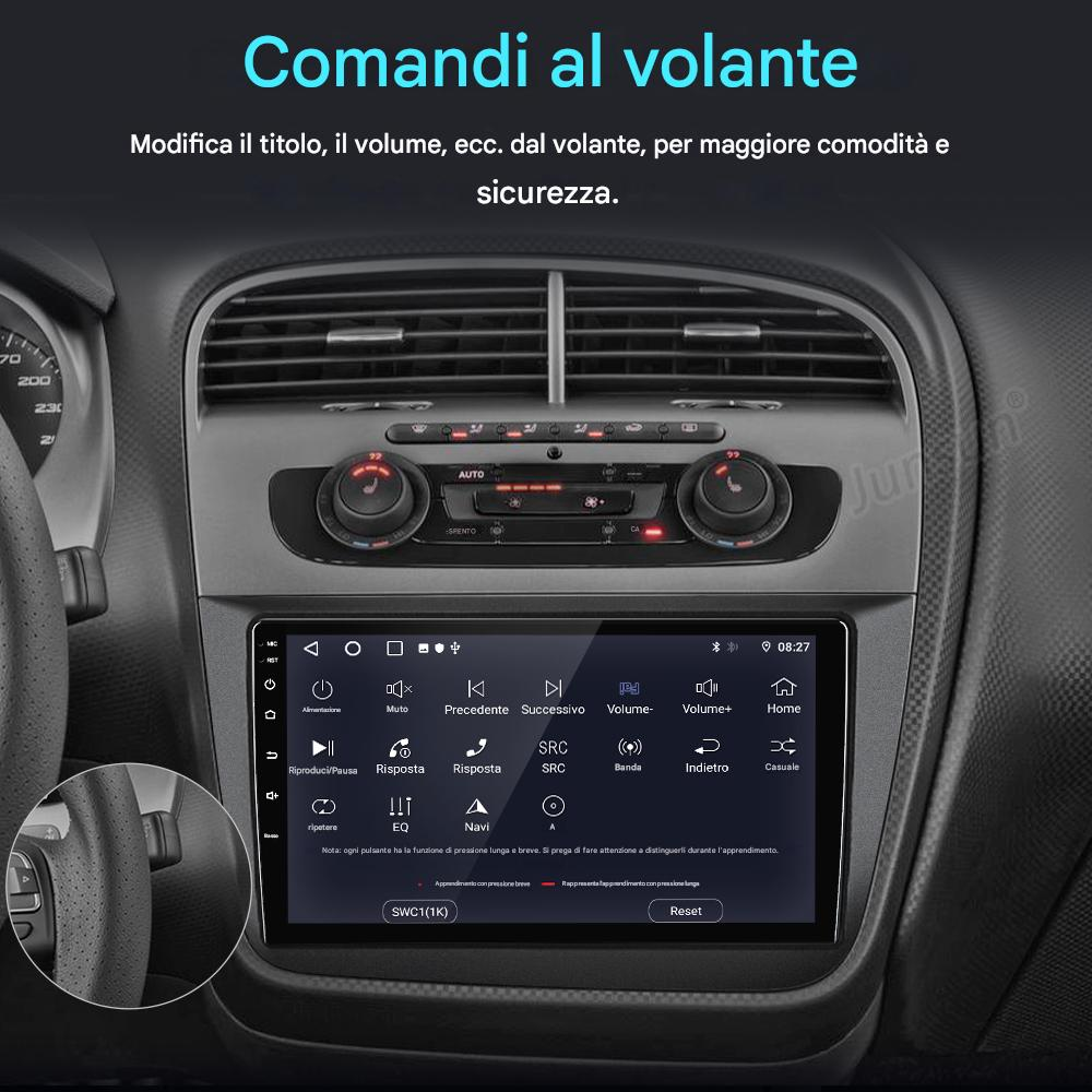La plancia di un'auto con un grande schermo per l'infotainment che mostra i comandi al volante.