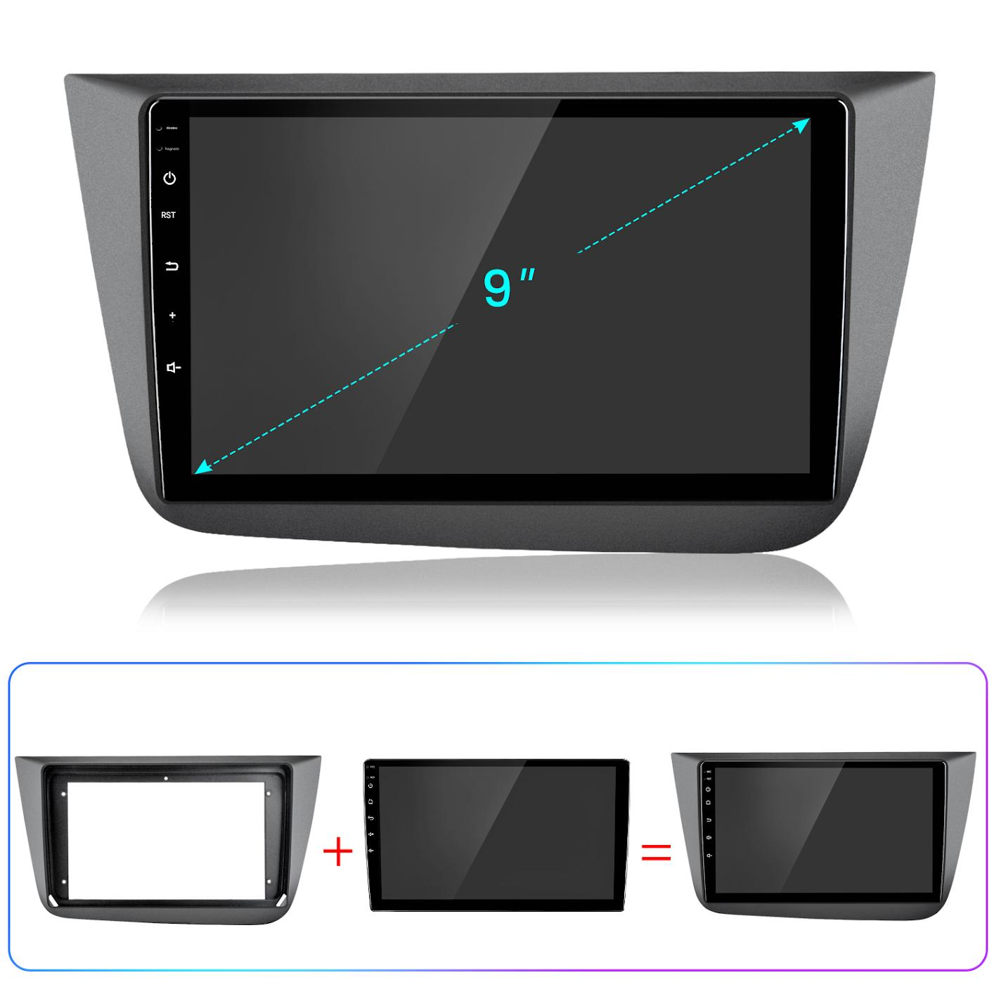 Un display stereo per auto da 9 pollici con pulsanti laterali.