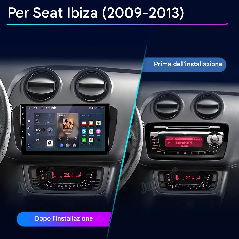 Immagine divisa che confronta interni Seat Ibiza: sinistra nuovo touchscreen, destra vecchia radio.