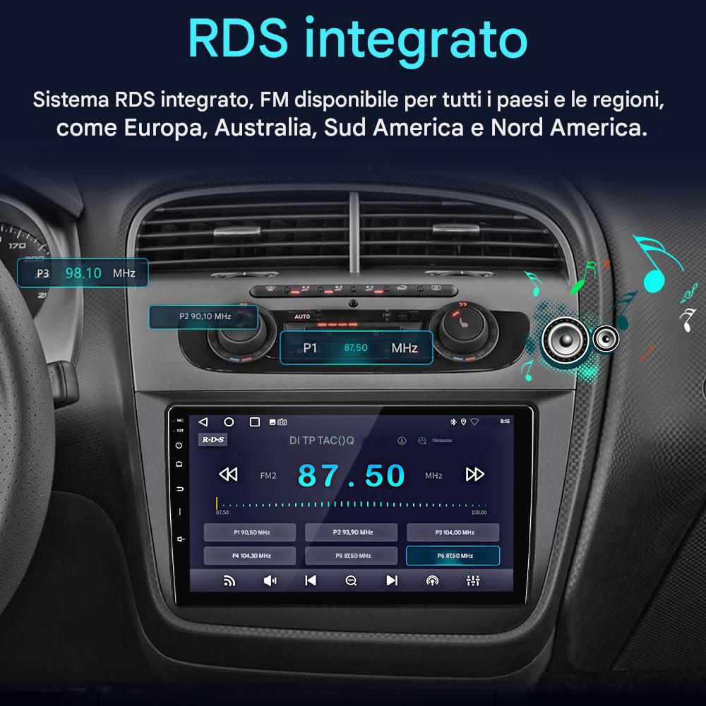 Autoradio con sistema RDS. Mostra stazione 87.50 MHz. Pulsanti per le preimpostazioni.