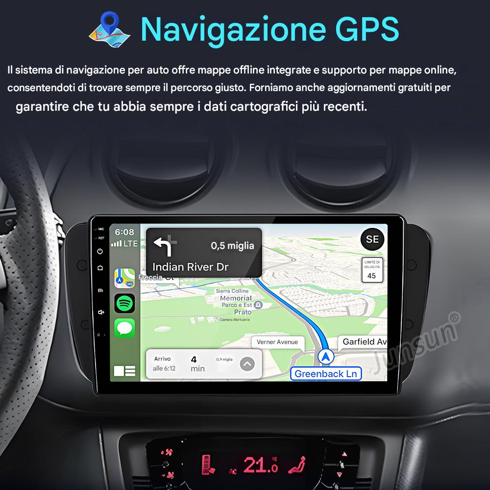 Sistema di navigazione auto mostra un percorso su Indian River Dr.