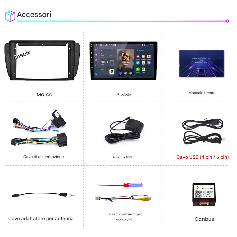 Accessori auto: cornice cruscotto, autoradio, manuale, cavi alimentazione, antenna GPS, cavo USB, adattatore antenna, set cacciaviti, CAN bus.