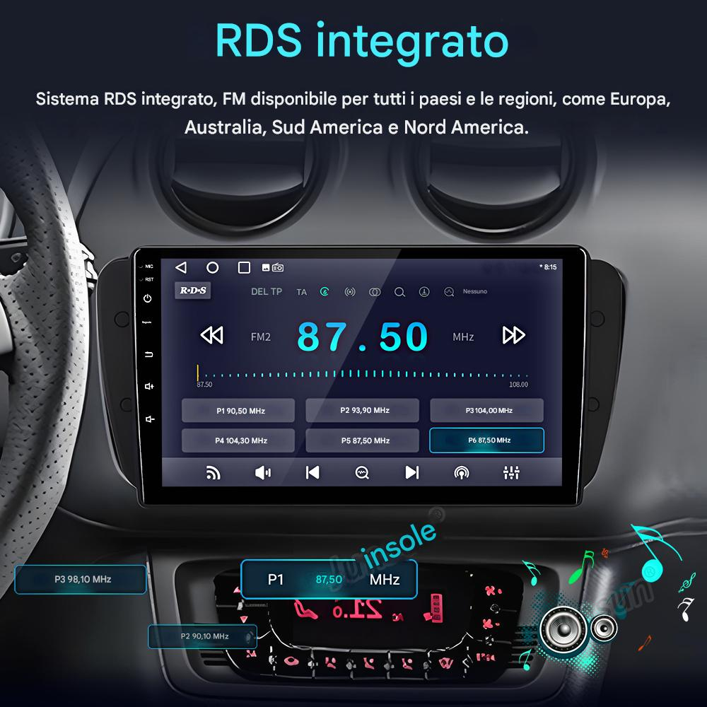 Cruscotto auto con schermo grande che mostra info radio RDS, FM2 87,50 MHz.