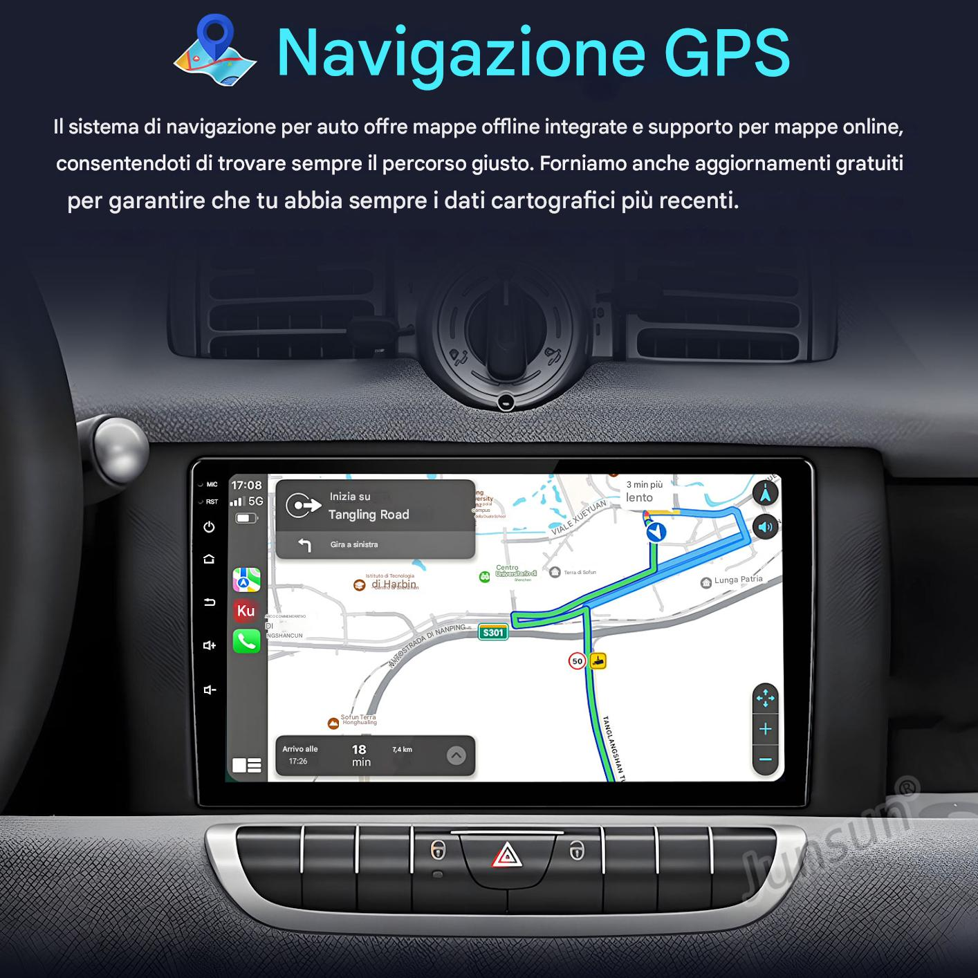 Un sistema di navigazione per auto mostra un percorso su una mappa.