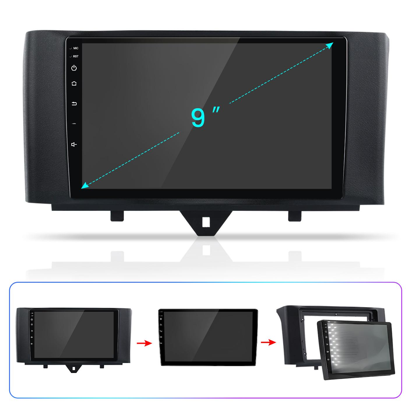 Display stereo per auto da 9 pollici con pulsanti laterali, mostrato con passaggi di montaggio sotto.