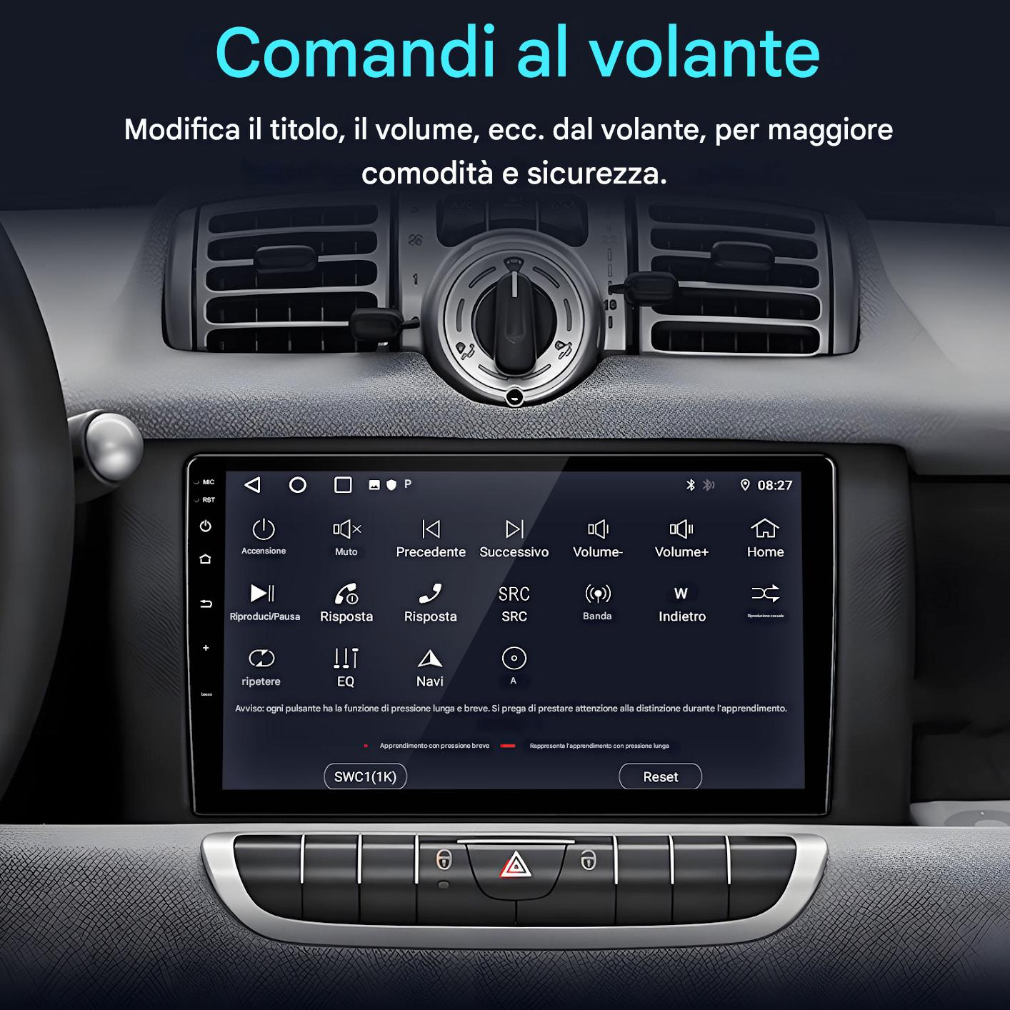 Un touchscreen per auto mostra opzioni di controllo al volante come volume, riproduzione e navigazione.