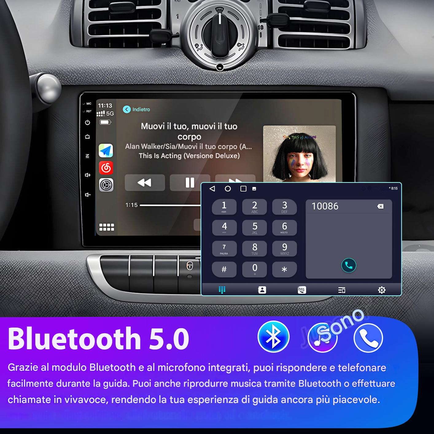 Schermo autoradio mostra musica e tastierino. Testo "Bluetooth 5.0" in basso.