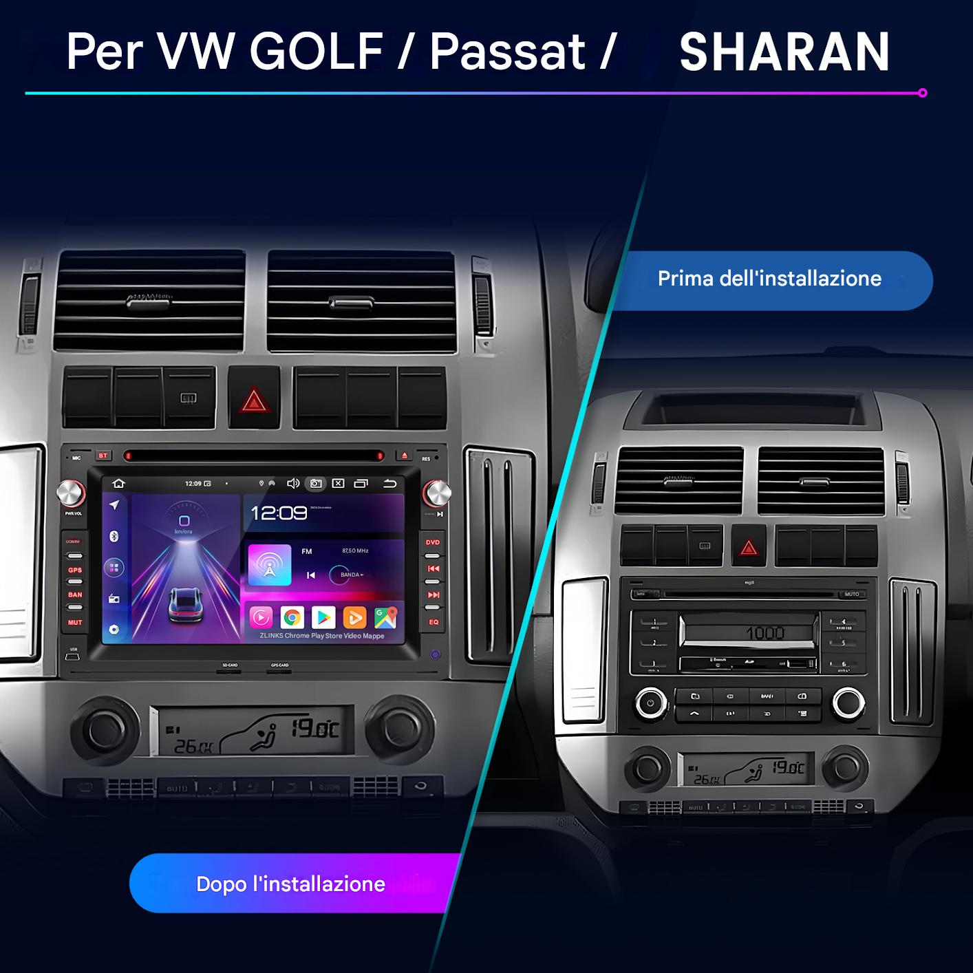Schermo diviso che mostra l'autoradio prima e dopo l'installazione per VW Golf, Passat, Sharan.