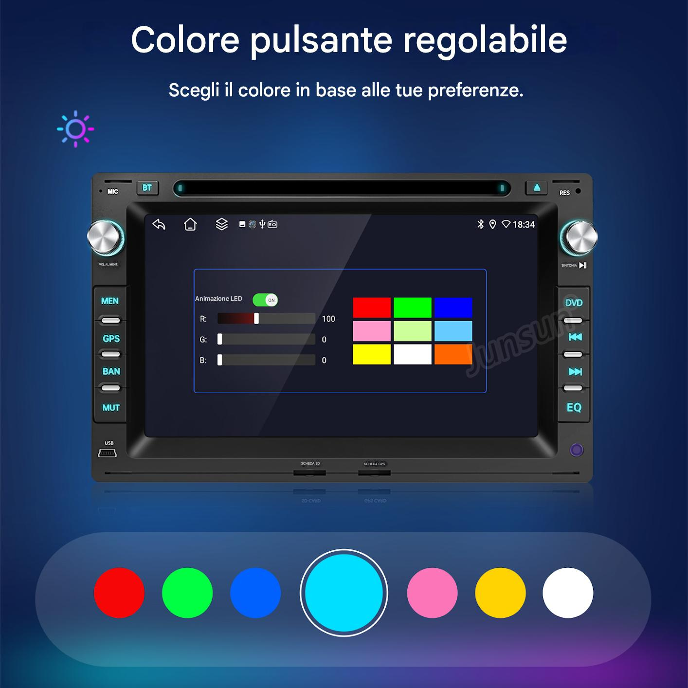 Schermo autoradio mostra impostazioni colore LED con campioni e cursori.