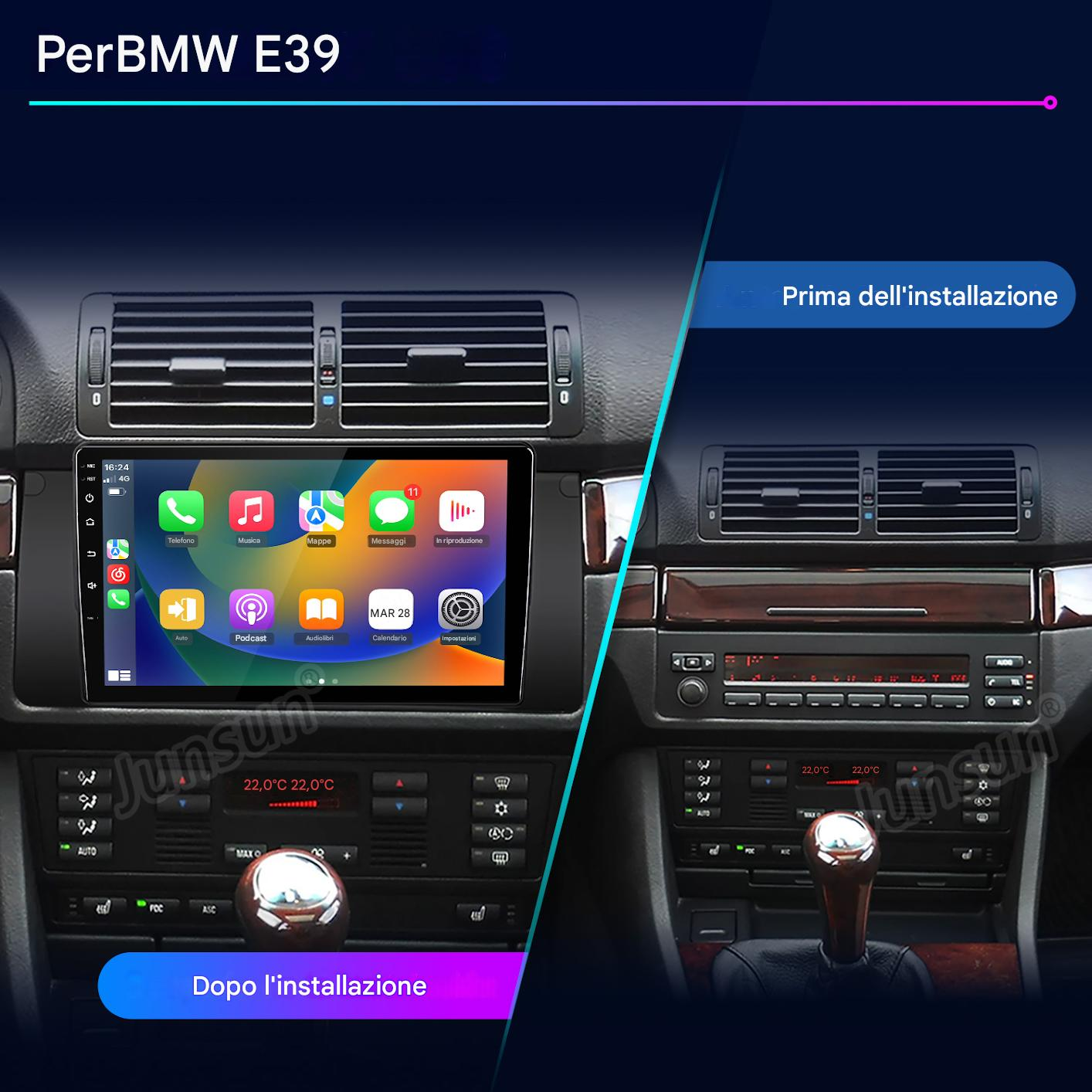 Confronto prima e dopo del cruscotto BMW E39 con nuovo sistema di infotainment.