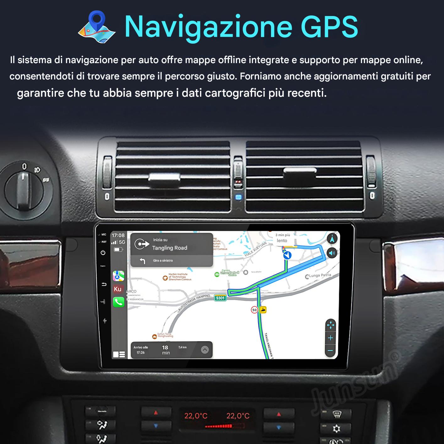 Un sistema di navigazione per auto mostra una mappa con guida stradale e informazioni sul traffico.
