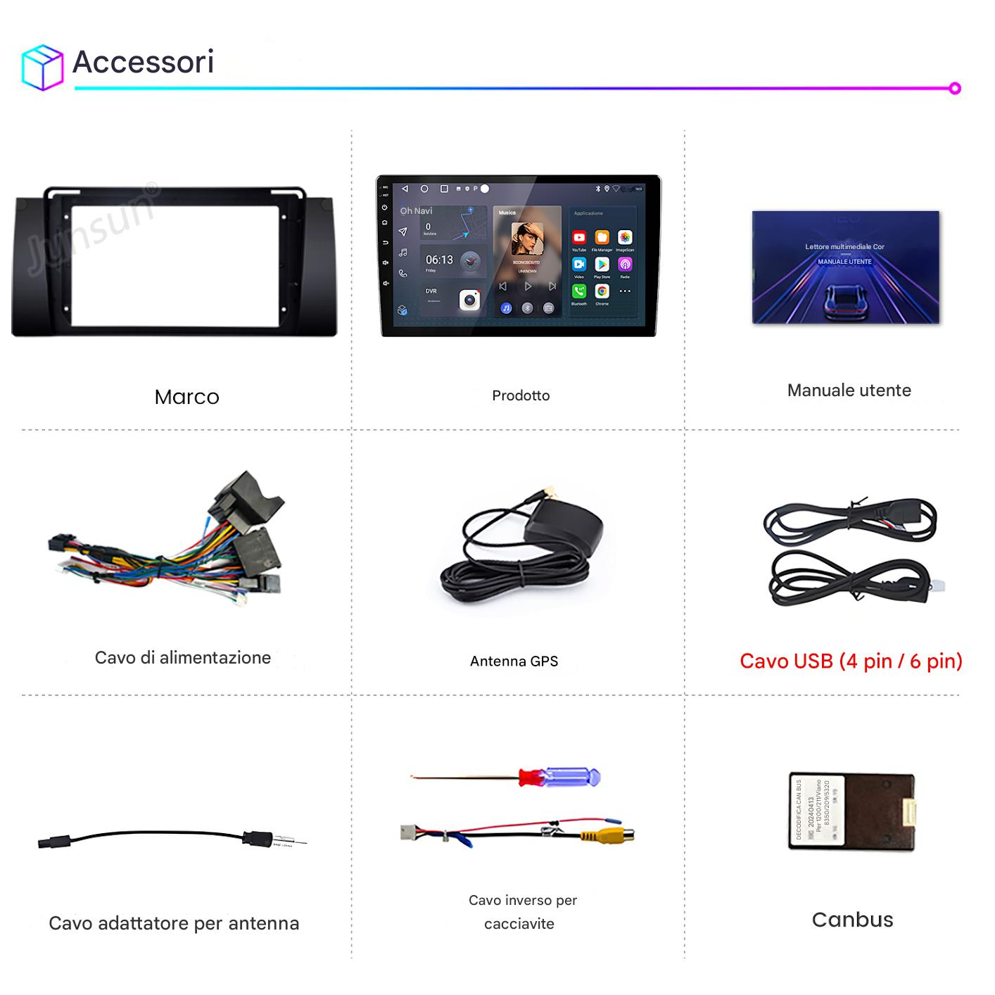 Cornice, autoradio, manuale, cavi, antenna GPS, cavo USB, adattatore, cavo retrocamera, Canbus.