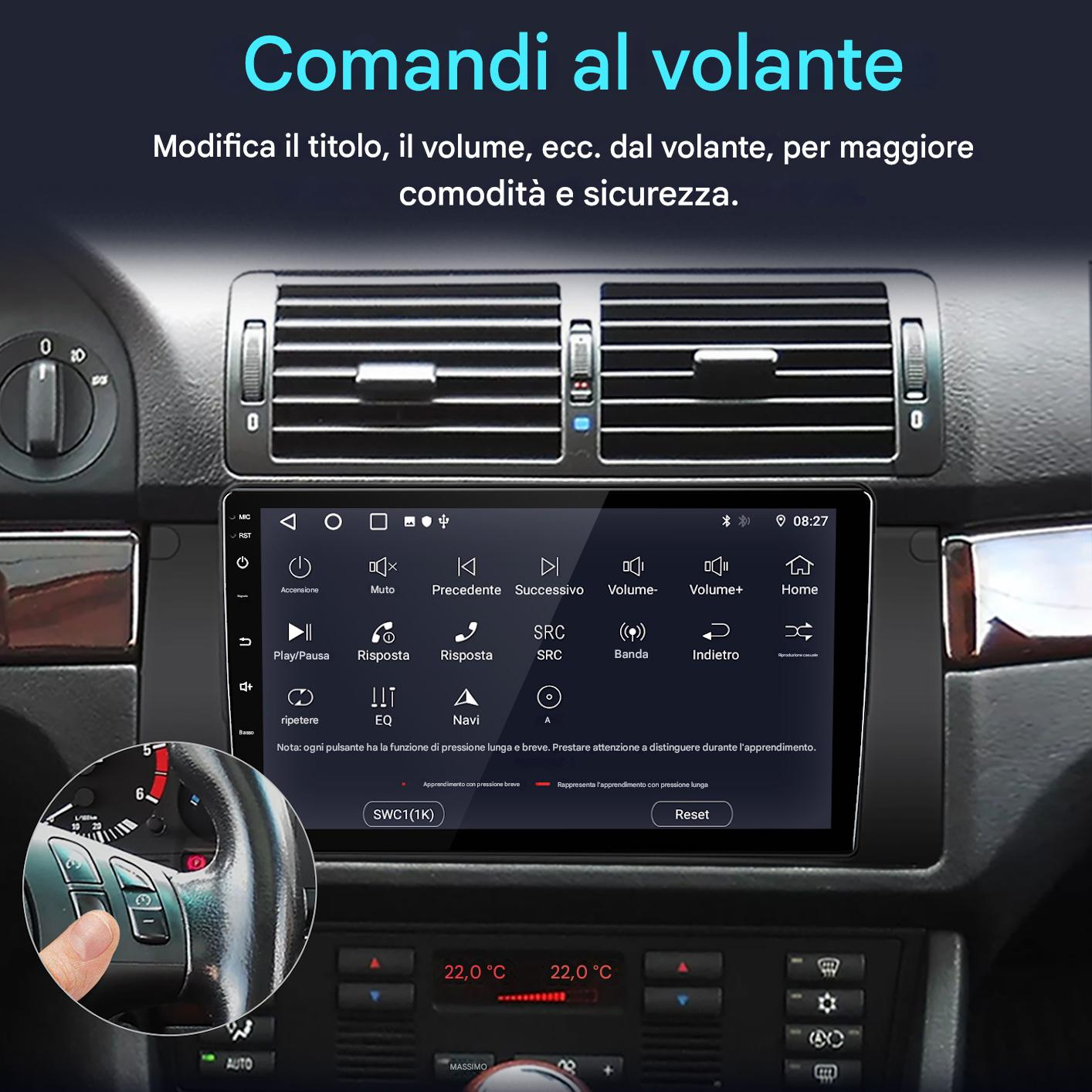 Un display touch screen sul volante con icone di navigazione e controllo media.