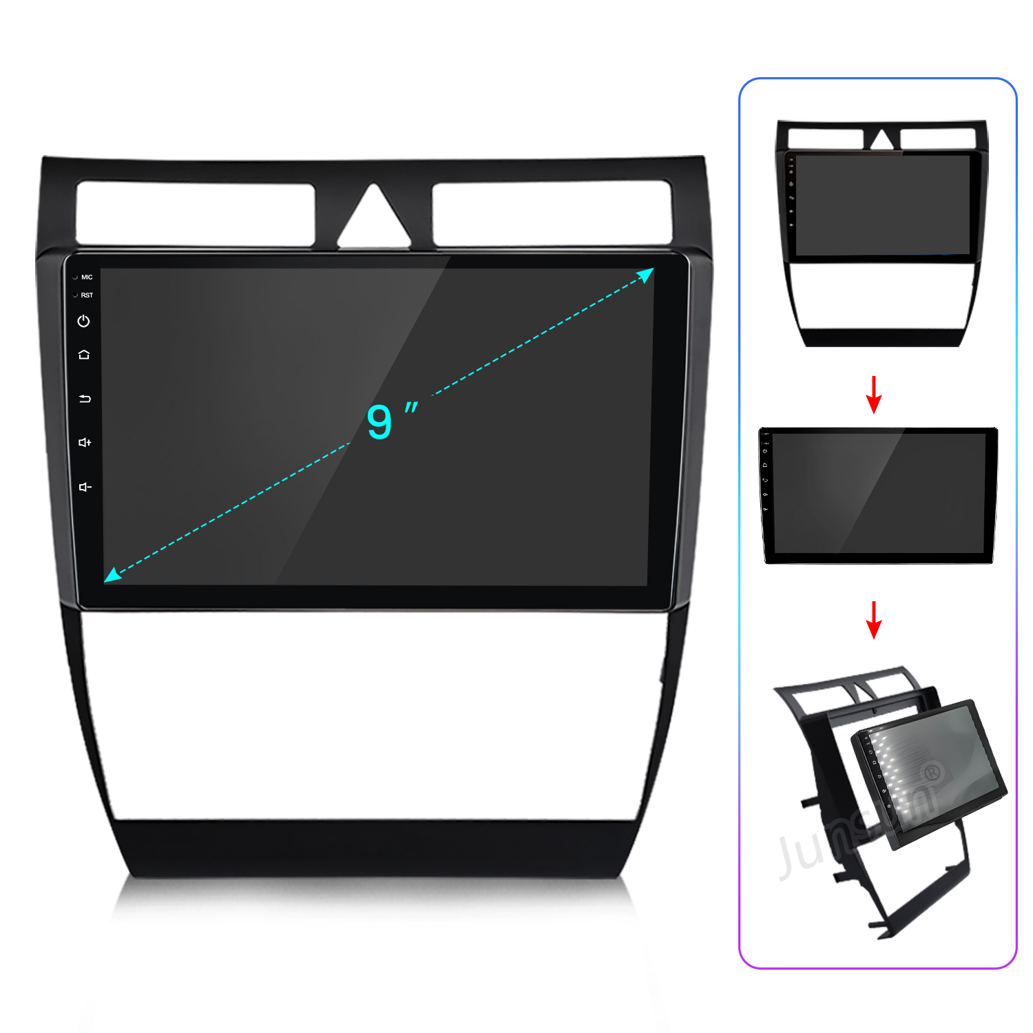 Display auto da 9 pollici con pulsanti neri e cornice.
