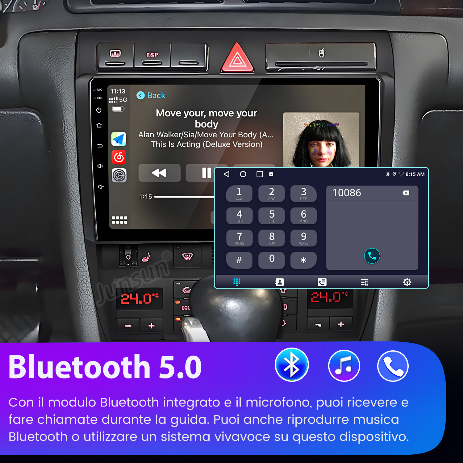 Sistema infotainment auto con riproduzione musicale, telefono e app di navigazione.