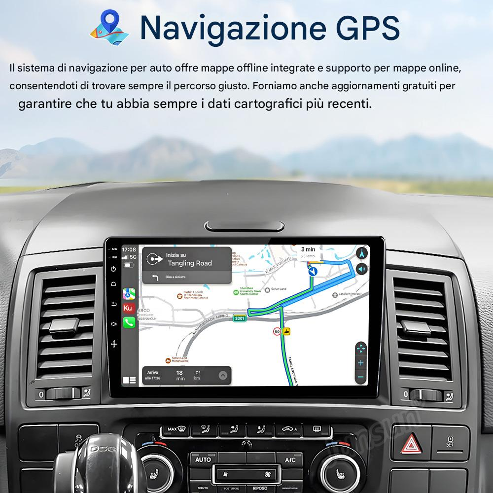 Sistema di navigazione GPS per auto mostra una mappa con percorso. Indica ora, distanza e velocità.