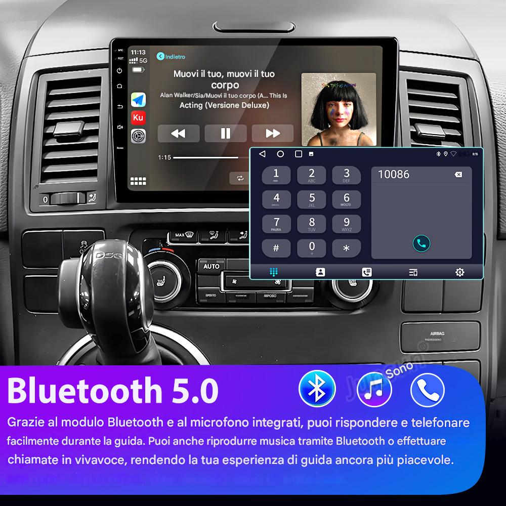 Un sistema di infotainment per auto mostra la riproduzione musicale e un tastierino.