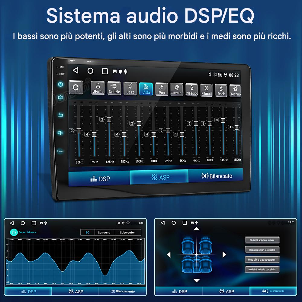 Schermo del sistema audio per auto che mostra le impostazioni EQ, surround e subwoofer con cursori.