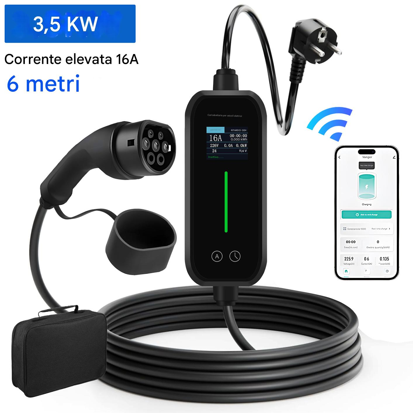 Caricatore EV con cavo, spina, borsa e display app per smartphone.