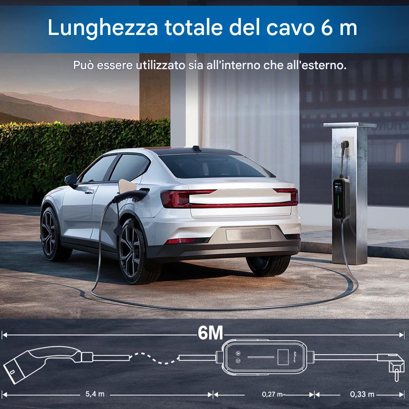 Auto elettrica argento in carica a una stazione. Cavo 6m, uso interno/esterno.