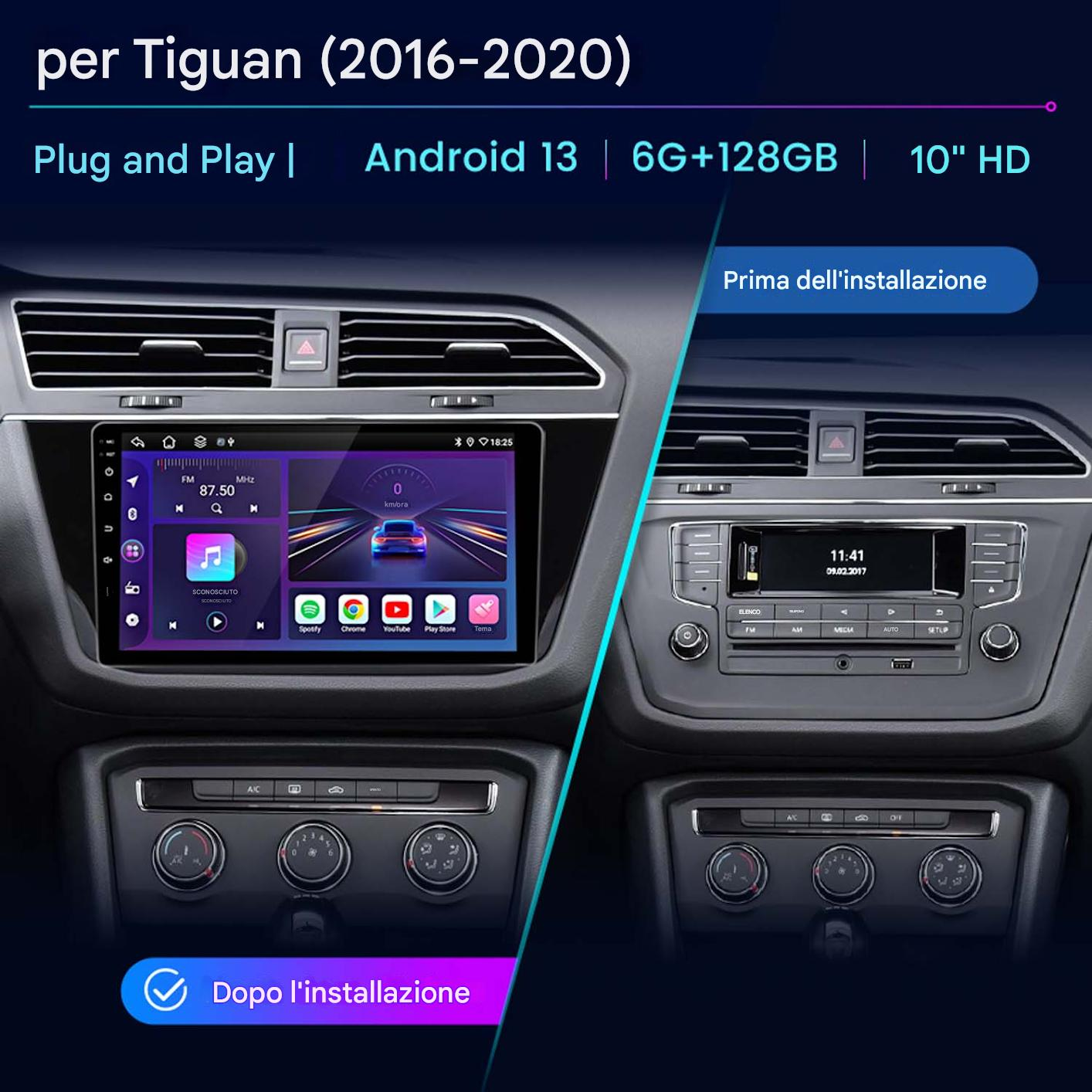 Schermo diviso mostra autoradio prima/dopo installazione. Sinistra: Sistema Android 13. Destra: Radio originale.