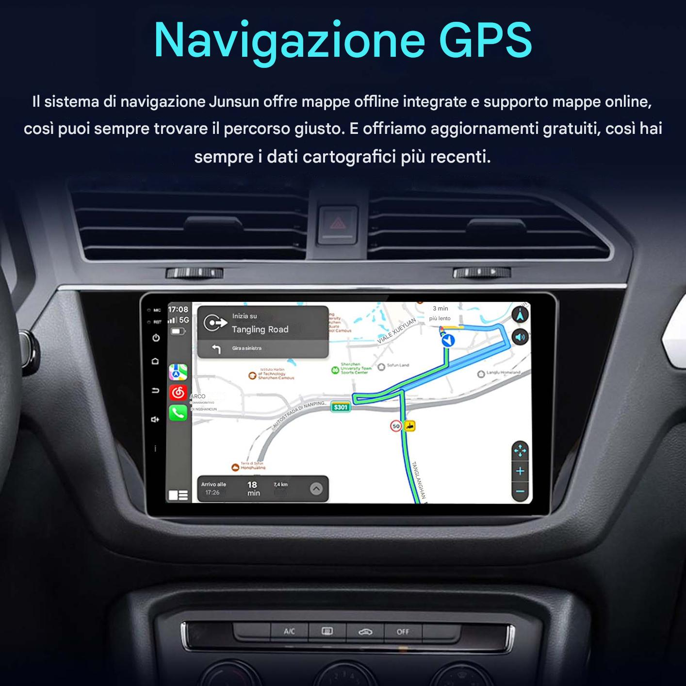 Sistema di navigazione auto mostra una mappa con percorso e informazioni traffico.